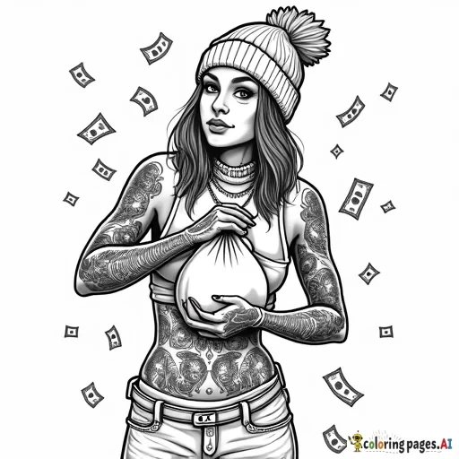 page for coloring book in black and white tattooed girl with ski mask covering faceholding money bag with money flying around in background