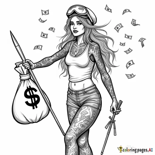 page for coloring book in black and white tattooed girl with ski mast holding money bag with money flying around in background