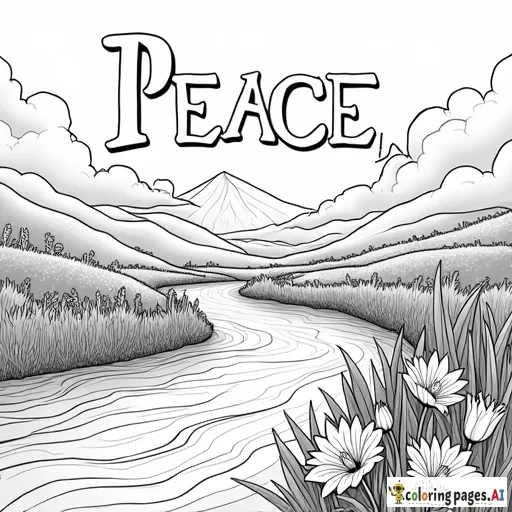 "Peace, be still"  in big letters with lilies spread through a valley besides a flowing river