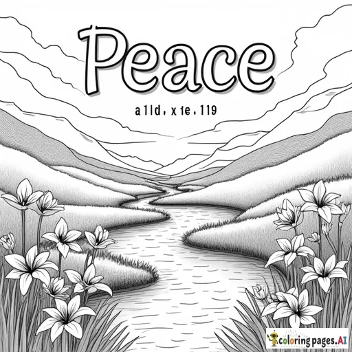 "Peace, be still"  in big letters with lilies spread through a valley besides a flowing river