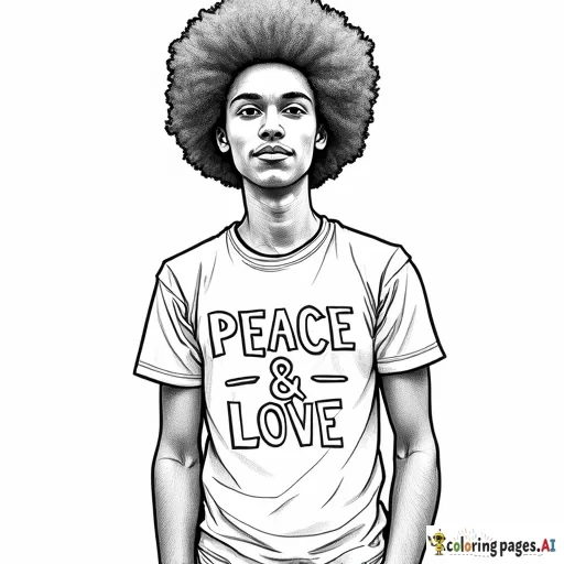 (PEACE & LOVE) - on a T-shirt that a person of color in afro is wearing the T-shirt