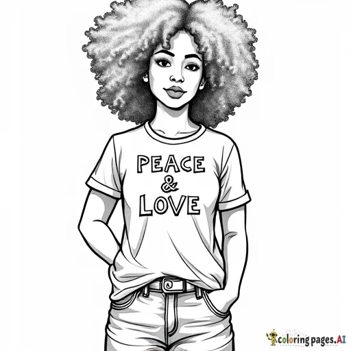(PEACE & LOVE) - on a T-shirt that a woman of color in afro is wearing the T-shirt