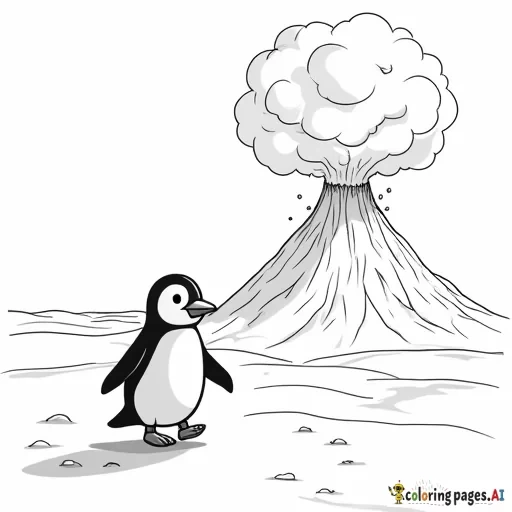 penguin waddling away from a snow volcano erupting