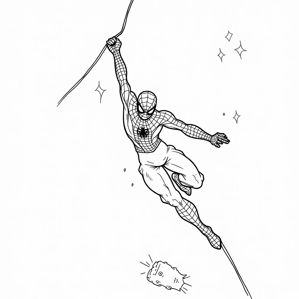 Spider-Man is using his web to catch a falling object, like a car or a large piece of debris, to save people below. His body is stretched out, showing his strength and agility, while onlookers cheer him on from the ground. The scene captures the excitement and heroism of Spider-Man in action.