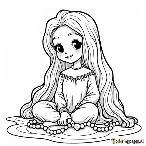Pia Mia collecting pearls, Coloring Page, black and white, line art, white background, Simplicity, Ample White Space. The background of the coloring page is plain white to make it easy for young children to color within the lines. The outlines of all the subjects are easy to distinguish, making it simple for kids to color without too much difficulty