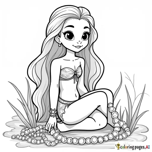 Pia Mia collecting pearls, Coloring Page, black and white, line art, white background, Simplicity, Ample White Space. The background of the coloring page is plain white to make it easy for young children to color within the lines. The outlines of all the subjects are easy to distinguish, making it simple for kids to color without too much difficulty