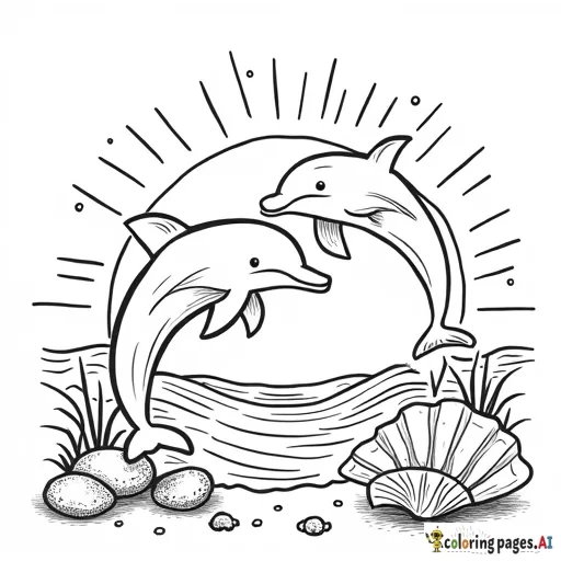 Playful Dolphins  Two dolphins jumping over the waves, with a sun in the background and seashells on the seabed.  Add air bubbles and small fish around. - Free Printable Coloring Page