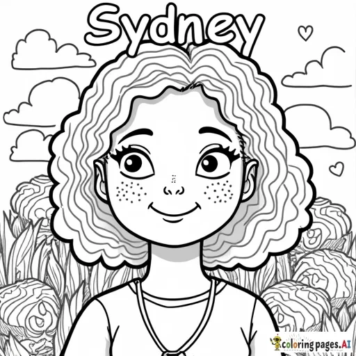 Please create a 8.5x11 colouring page with the name "Sydney" at the top, a cartoon young girl with curly short hair, freckles and a big smile. In the background please include images of dogs, dentist, candy, chocolate, social studies and music. Please fill the free space with geometric shapes to colour.