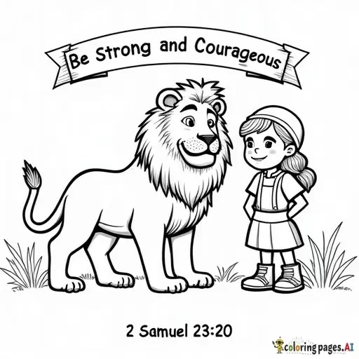 Please draw a coloring page with a boy and girl standing bravely beside a lion. Add a banner at the top that says 'Be Strong and Courageous' and include the verse '2 Samuel 23:20' at the bottom. The style should be black-and-white, simple outlines suitable for children ages 5–10 - Free Printable Coloring Page