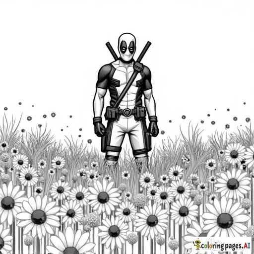please draw deadpool in a daisy field