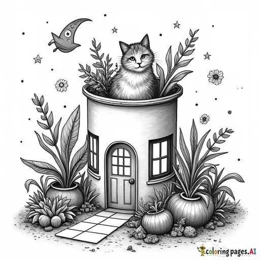 Pocket world style with the house inside of a soda can with lots of plants and cats.