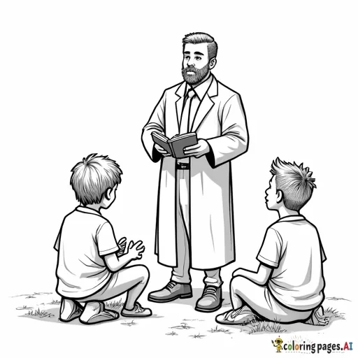 preacher in a suit and tie with a short haircut teaching a classroom of children wearing normal clothesthe Bible