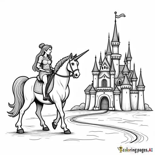 Princess riding unicorn in front of a castle