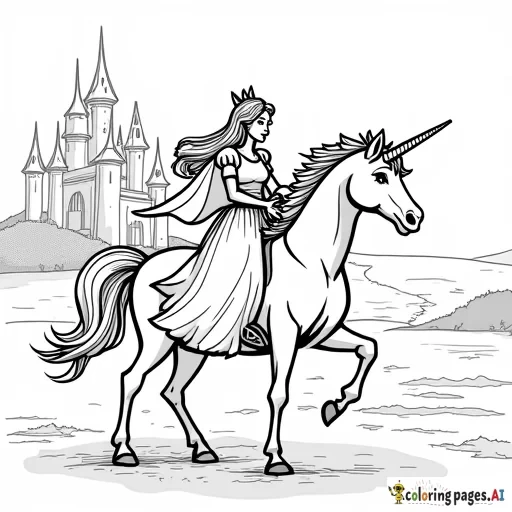 Princess riding unicorn in front of a castle