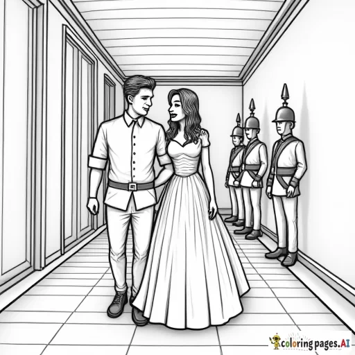 princess walking with prince, both dripping wet, down a hallway with guards standing in it, one guard looking particularly shocked, in classic line drawing style realistic