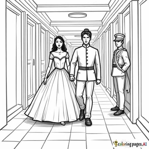 princess walking with prince, both dripping wet, down a hallway with guards standing in it, one guard looking particularly shocked, in classic line drawing style realistic