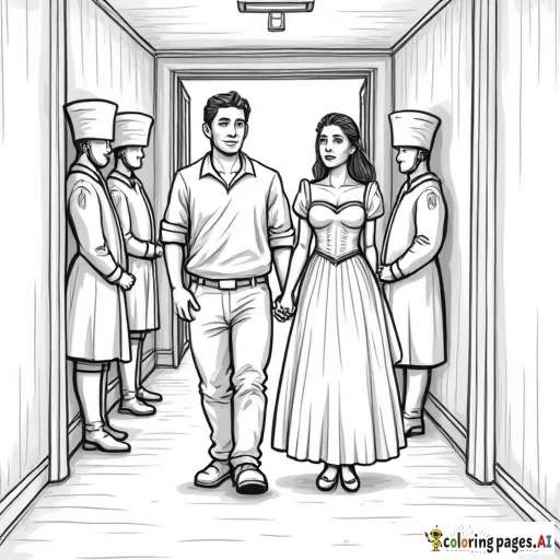 princess walking with prince, both dripping wet, down a hallway with guards standing in it, one guard looking particularly shocked, in classic line drawing style realistic