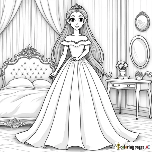 Princess with face fronting long hair standing in the beautiful castle bedroom and lot of details, also include bed and makeup vanity, realistic style