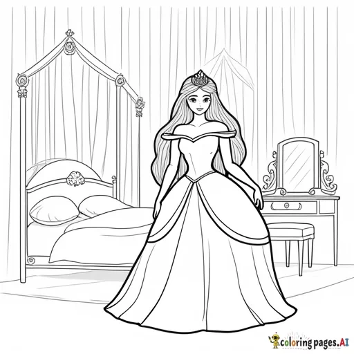 Princess with face fronting long hair standing in the beautiful castle bedroom and lot of details, also include bed and makeup vanity