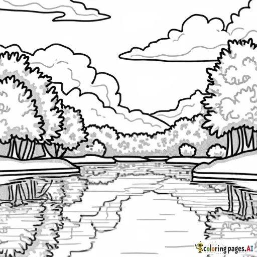 Prompt 7: The illustration should be in [SUPER SIMPLE], black and white, bold line art with a clear, mostly empty background. [INCLUDES ONLY OUTLINES WITH NO FILLED IN BLACK AREAS], ensuring no shading, no complex images, and making it very easy to color in between the lines. A scenic view of a lake surrounded by trees with colorful autumn reflections on the water.