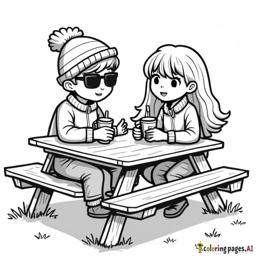 pumpkin patch farm on the side picnic table, one boy wearing a beanie and rectangular sunglassess with a quarter zip sitting across from a girl with longer hair and hot apple cider in her hand and camera is on the side, on the picnic table