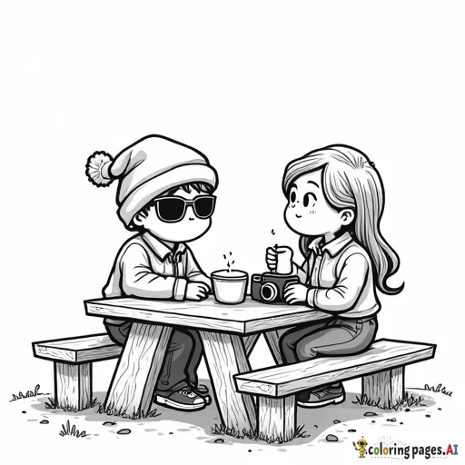 pumpkin patch farm on the side picnic table, one boy wearing a beanie and rectangular sunglassess with a quarter zip sitting across from a girl with longer hair and hot apple cider in her hand and camera is on the side, on the picnic table