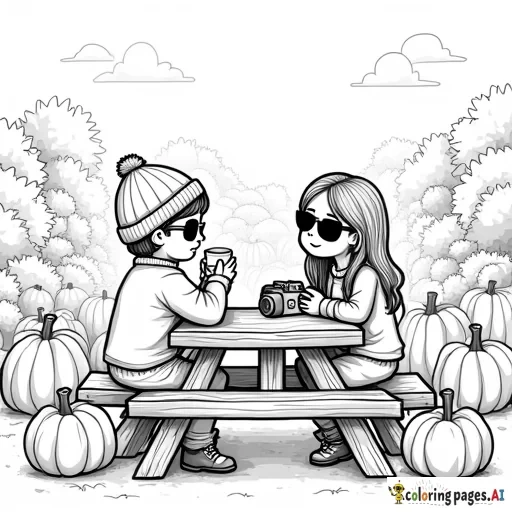 pumpkin patch farm on the side picnic table, one boy wearing a beanie and rectangular sunglassess with a quarter zip sitting across from a girl with longer hair no sunglasses and just a long sleeve top and hot apple cider in her hand and camera is on the side, on the picnic table