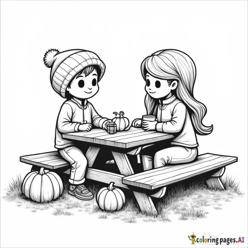 pumpkin patch farm on the side picnic table, one boy wearing a beanie and rectangular sunglassess with a quarter zip sitting across from a girl with longer hair who is wearing no sunglasses and just a long sleeve top and hot apple cider in her hand and camera is on the side, on the picnic table