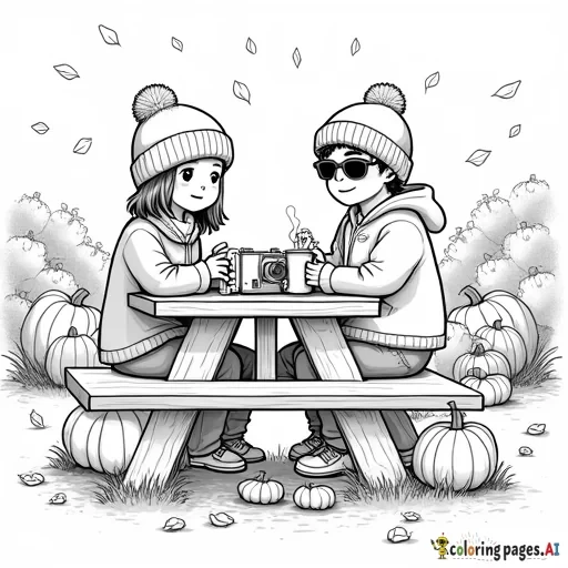 pumpkin patch farm on the side picnic table, one boy wearing a beanie and rectangular sunglassess with a quarter zip sitting across from a girl with longer hair and hot apple cider in her hand and camera is on the side, on the picnic table