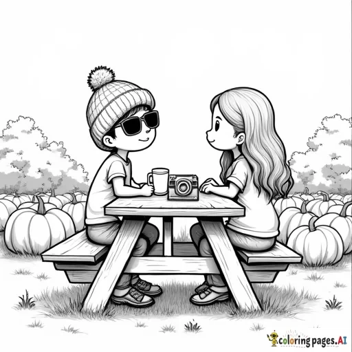 pumpkin patch farm on the side picnic table, one boy wearing a beanie and rectangular sunglassess sitting across from a girl with longer hair and hot apple cider in her hand and camera on the picnic table