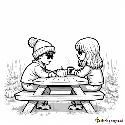 pumpkin patch farm on the side picnic table, one boy wearing a beanie and rectangular sunglassess with a quarter zip sitting across from a girl with longer hair and hot apple cider in her hand and camera on the picnic table
