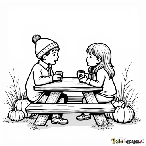 pumpkin patch farm on the side picnic table, one boy wearing a beanie and rectangular sunglassess with a quarter zip sitting across from a girl with longer hair and hot apple cider in her hand and camera is on the side, on the picnic table
