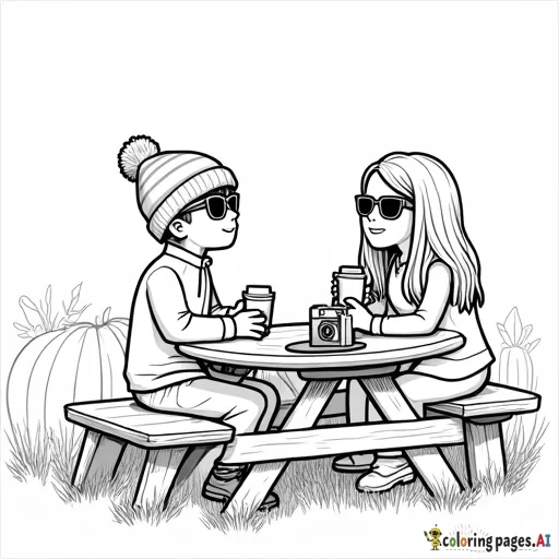 pumpkin patch farm on the side picnic table, one boy wearing a beanie and rectangular sunglassess with a quarter zip sitting across from a girl with longer hair and just a long sleeve top and hot apple cider in her hand and camera is on the side, on the picnic table