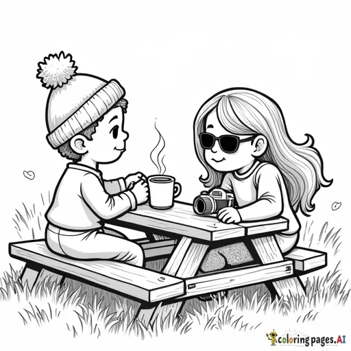 pumpkin patch farm on the side picnic table, one boy with a beanie and sunglasses sitting across from a girl with longer hair and hot apple cider in her hand and camera on the picnic table