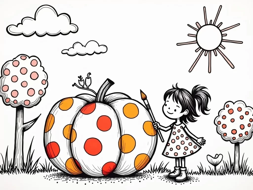 A playful scene inspired by Yayoi Kusama's famous polka dot art. A 5-year-old girl is joyfully painting large, colorful dots on a giant pumpkin. The pumpkin is covered in various-sized polka dots, with each dot standing out in bright colors. The girl is wearing a polka dot dress, and even her paintbrush has dots on it! In the background, trees, clouds, and the sun are also decorated with fun polka dots, bringing the whole scene to life in a whimsical, Kusama-inspired world. The simple and bold shapes, with plenty of dots and space, are perfect for kids to color.