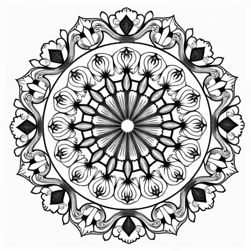 "Radiating mandala with an outer circle filled with intricate vines and leaves, spiraling inward. Each leaf is delicately outlined with fine, intricate patterns, and small buds or blossoms are scattered throughout. The central design is geometric, with layers of circles and squares interwoven with soft, flowing tendrils. The overall design is clean, symmetrical, and calming, with a balanced flow of floral and geometric elements."