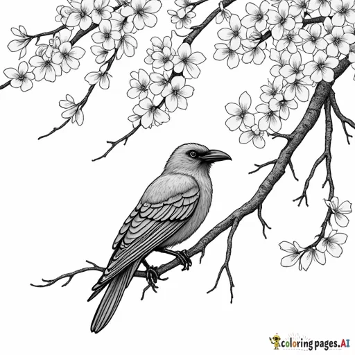 Raven on a cherry blossom tree at night