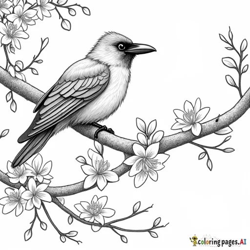 Raven on cherry blossom tree at night