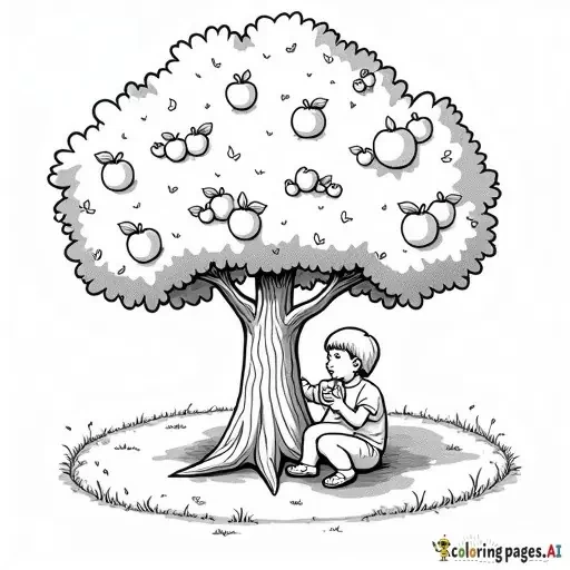realistic apple tree with apples and a child picking fruit, childrens coloring book page, black and white line art, bold thick outlines, no shading, easy to color