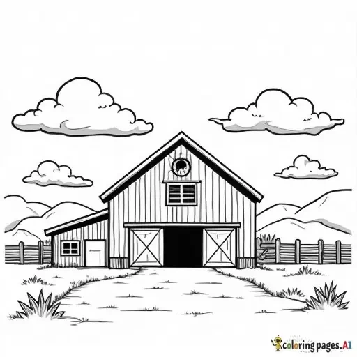 realistic barn with open doors on a farm, childrens coloring book page, black and white line art, bold thick outlines, no shading, simple and easy to color