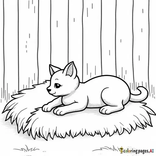 realistic cat lying on hay bales in a barn, childrens coloring book page, black and white line art, bold thick outlines, no shading, easy to color