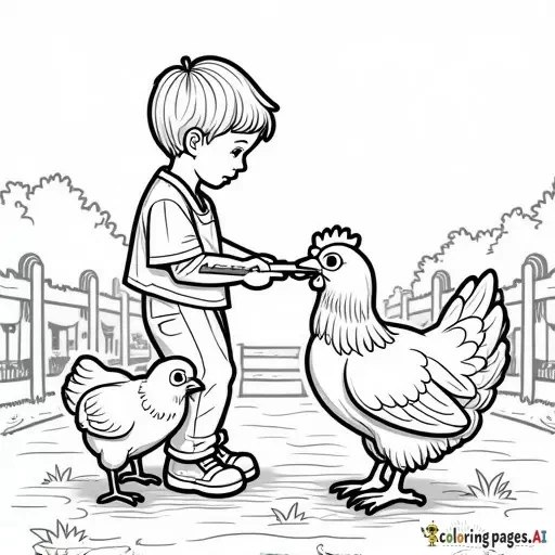 realistic child feeding chickens on a farm, childrens coloring book page, black and white line art, bold thick outlines, no shading, easy to color