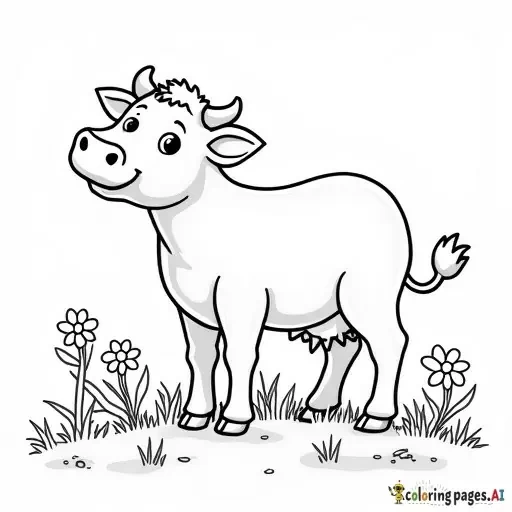 realistic cow standing on a meadow with flowers, childrens coloring book page, black and white line art, friendly style, bold thick outlines, no shading, easy to color for kids