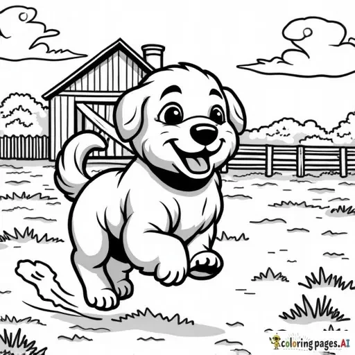 realistic dog running on a farmyard with a barn in background, childrens coloring book page, black and white line art, bold thick outlines, no shading, easy to color