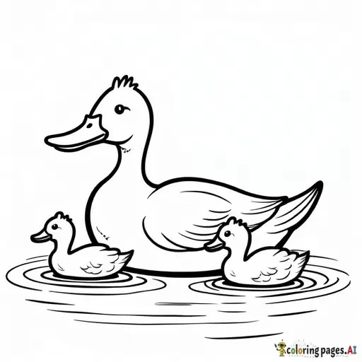 realistic duck with ducklings swimming on a pond, childrens coloring book page, black and white line art, bold thick outlines, no shading, simple style