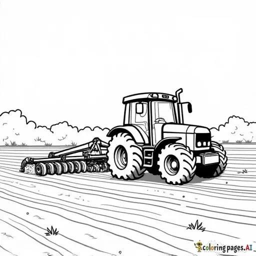 realistic farm tractor plowing a field, childrens coloring book page, black and white line art, friendly style, bold thick outlines, no shading, easy to color for kids