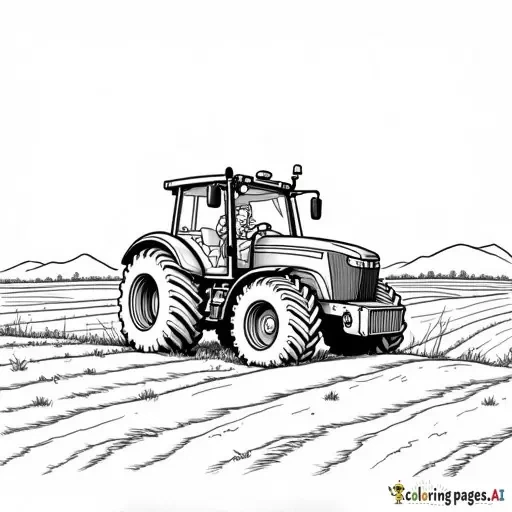 realistic farmer driving a tractor on a field, childrens coloring book page, black and white line art, bold thick outlines, no shading, simple and easy to color