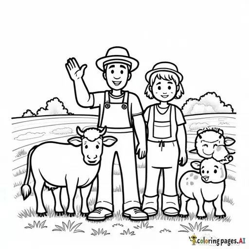 realistic farmer family standing on a farm, waving, childrens coloring book page, black and white line art, bold thick outlines, no shading, easy to color