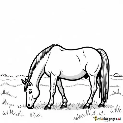 realistic horse grazing on a farm meadow, childrens coloring book page, black and white line art, bold thick outlines, no shading, easy to color for kids