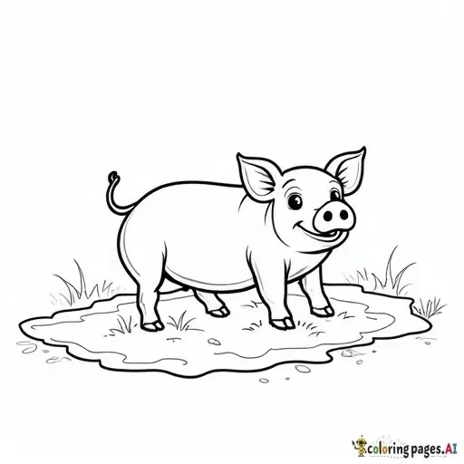 realistic pig playing in mud puddle, childrens coloring book page, black and white line art, bold thick outlines, no shading, simple and easy to color